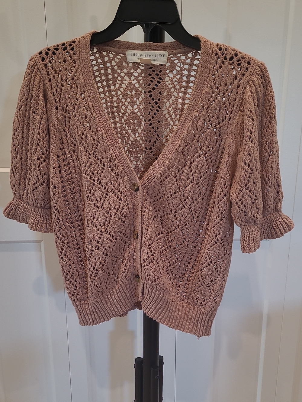 saltwater LUXE open-knit button cardigan with puff sleeves
